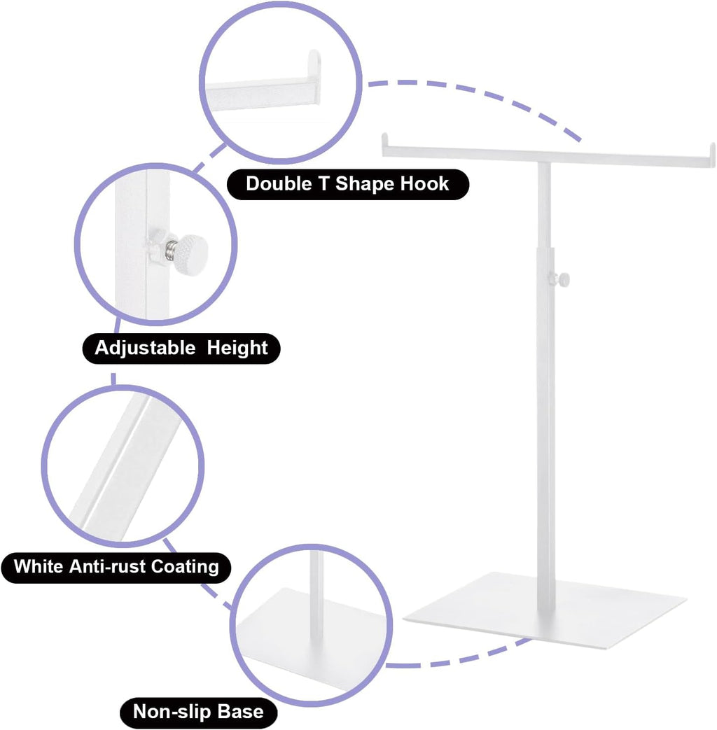 Purse Display Stand T Shaped, Countertop Jewelry/Scarf/Handbag T-Bar Display Stand, Tabletop Double Hook Hanging Stands for Long Necklaces, Metal with Adjustable Height - White