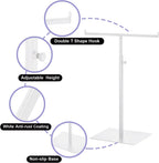 Purse Display Stand T Shaped, Countertop Jewelry/Scarf/Handbag T-Bar Display Stand, Tabletop Double Hook Hanging Stands for Long Necklaces, Metal with Adjustable Height - White