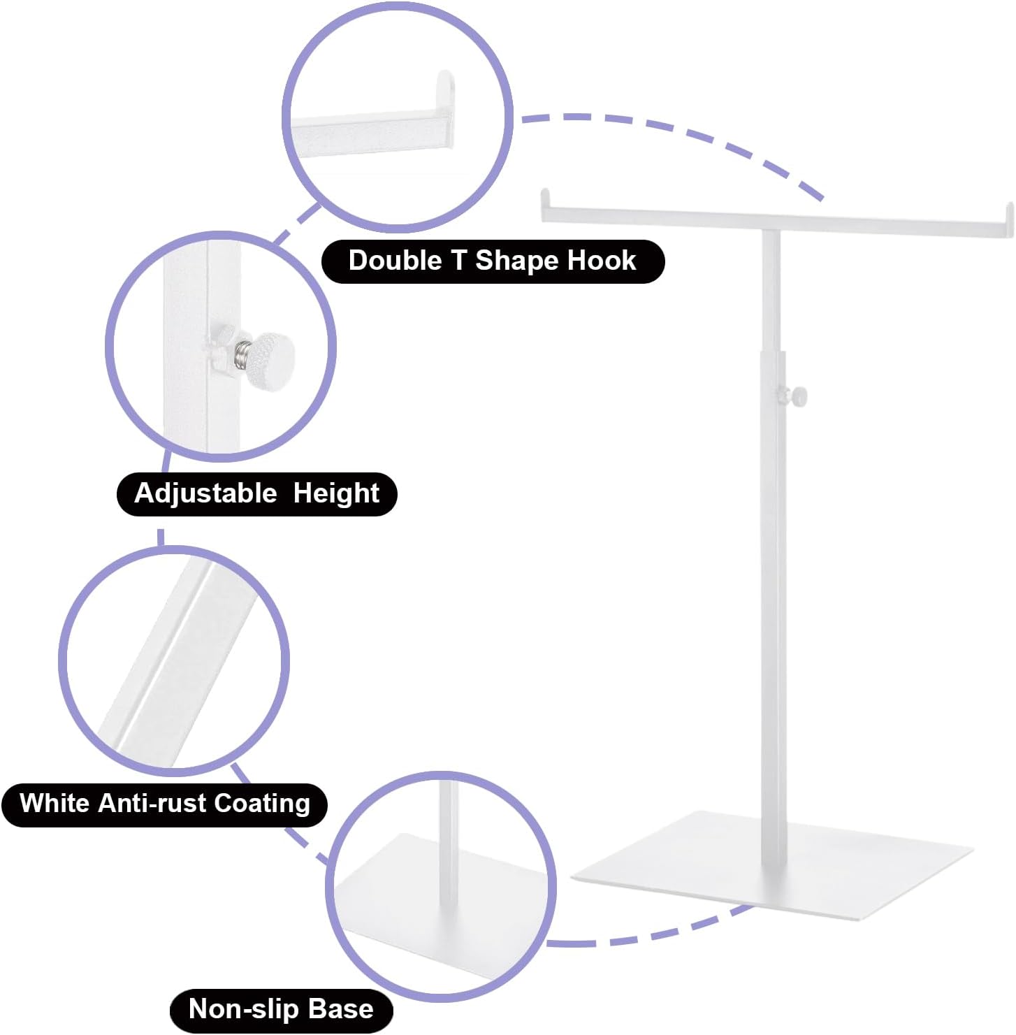 Purse Display Stand T Shaped, Countertop Jewelry/Scarf/Handbag T-Bar Display Stand, Tabletop Double Hook Hanging Stands for Long Necklaces, Metal with Adjustable Height - White