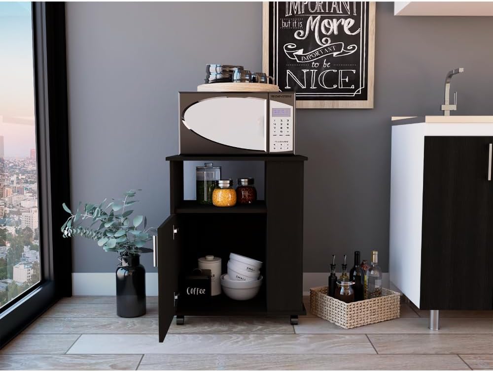 Microwave Pantry with One Open Shelf and Three Side Shelves, Black | Compact ...
