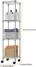 Storage Shelves Adjustable, 4 Tier Shelving Units for Storage with Wheels, Corrosion Resistant Wire Shelving Unit for Kitchen Closet Bathroom Office, Chrome 11.8" D x 11.8" W x 48.1" H