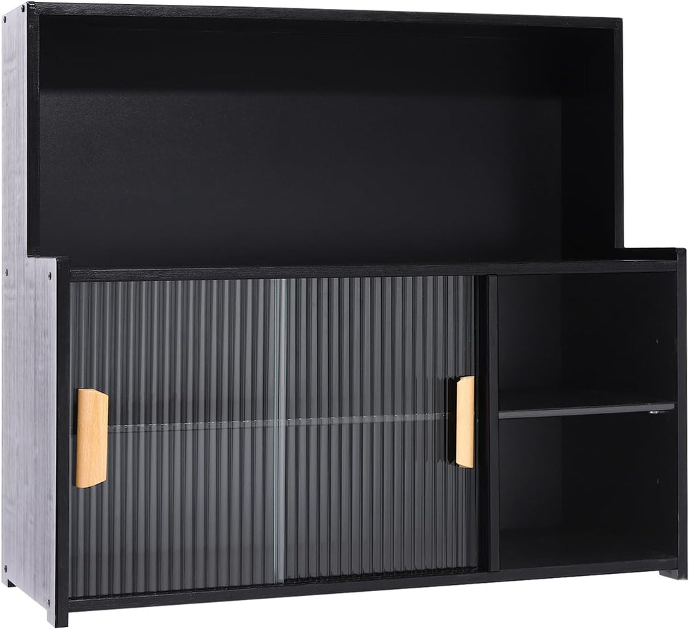 3-Tier Kitchen Pantry Sideboard Cabinet with Sliding Glass Doors, Storage Org...