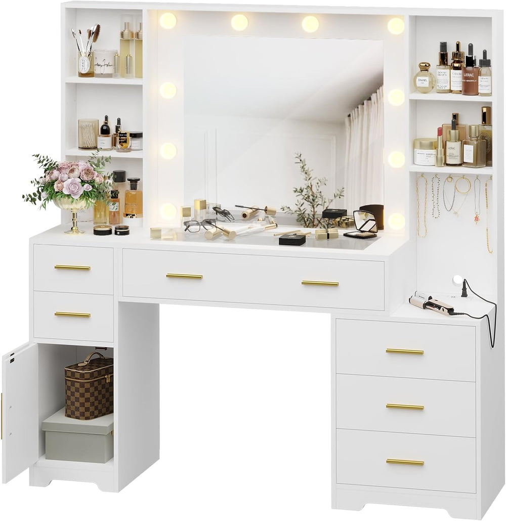 Hasuit 48.8'' Large Vanity Desk with Lighted Mirror & Power Outle...