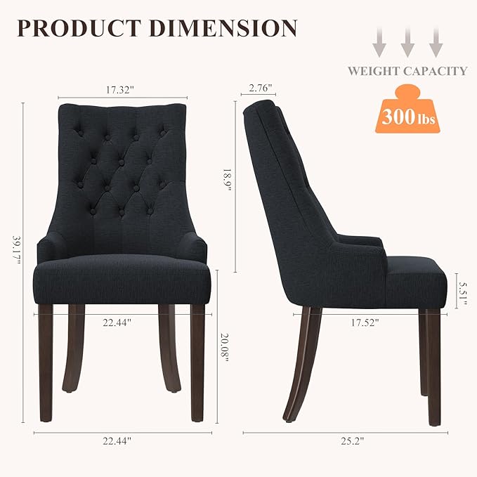 COLAMY Wingback Upholstered Side Dining Room Chairs Set of 2, Fabric Dining Chairs with Tufted Button, Living Room Chairs for Home Kitchen, Black