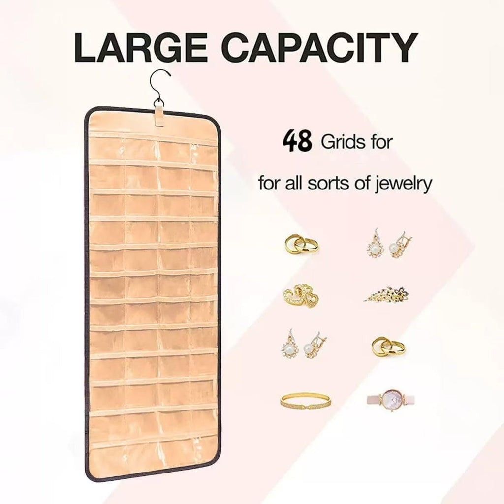 Hanging Jewelry Organizer, Dual-Sided Necklace Holder with Multiple Clear Pockets - Wall Mount & Over The Door Closet Storage for Earrings, Rings, Bracelets - 360° Rotating Hanger (1, Black, XL)