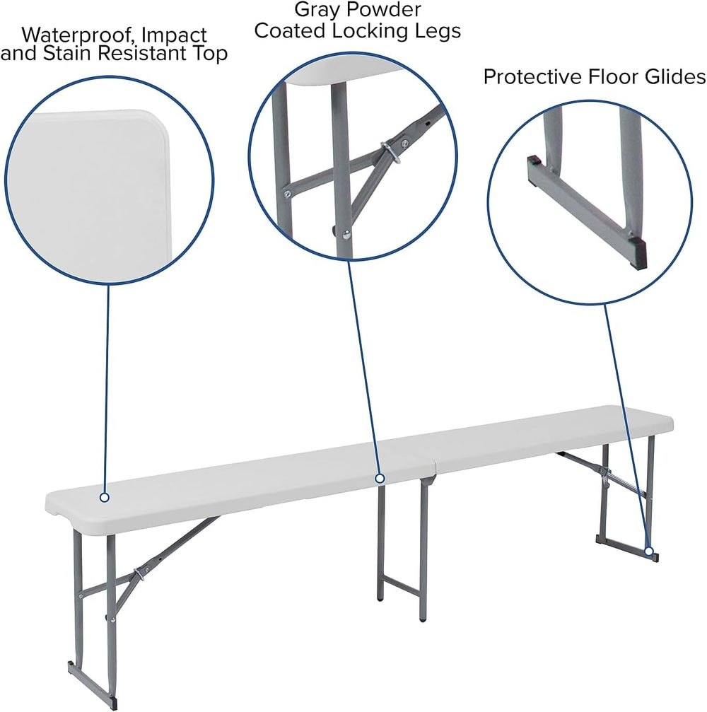 Flash Furniture Plastic Bi-Fold Bench with Carrying Handle, Granite White | 7...