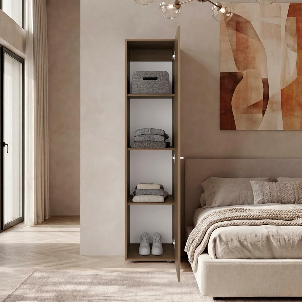 DEPOT E-SHOP Frisco 1 Door Wardrobe with Mirror and Vertical Storage Design, Natural Oak
