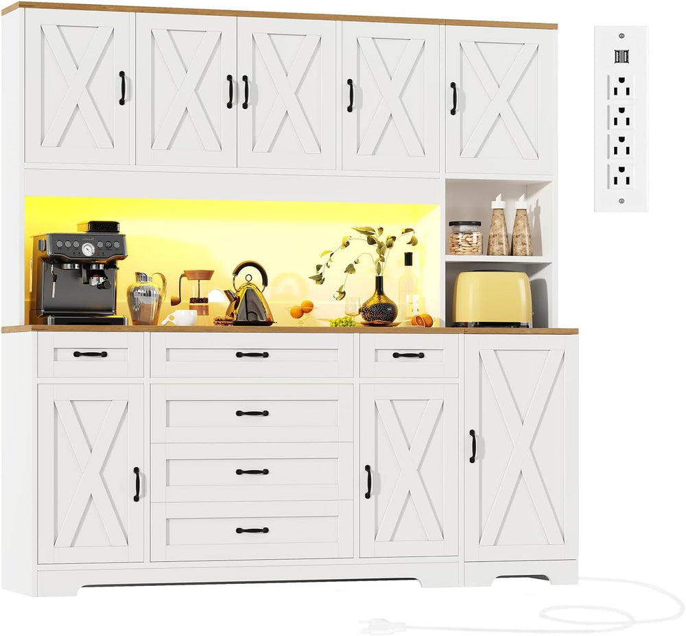71" Farmhouse Pantry Cabinet with LED Lighting and Charging Station, Tal...