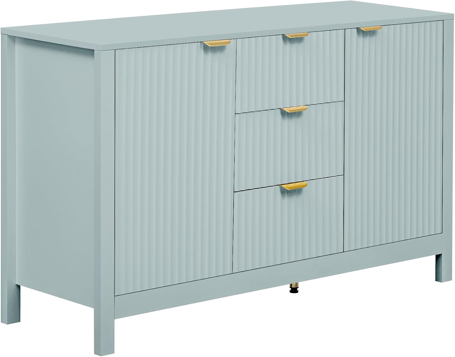 Sideboard with Wave Design - 3 Adjustable Shelves, 3 Drawers & Soft-Close Doors, Storage Console Table with Metal Handles, Suitable for Study, Hallway and Living Room, 3 Colors (Cyan + MDF)