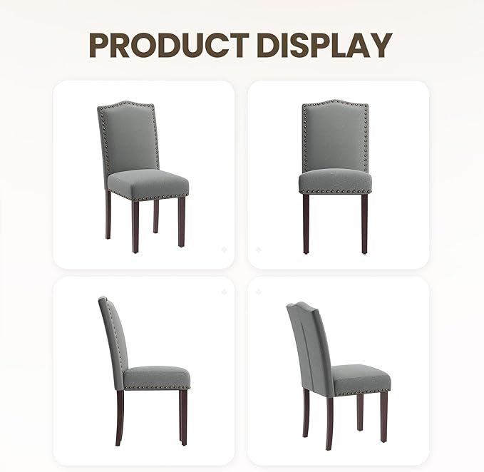 COLAMY Grey Upholstered Parsons Dining Chairs Set of 4,Comfortable Foam Seat, Classic Nailhead Trim, Solid Wood Legs, Stable & Easy to Assemble for Dining Room, Kitchen, Living Room & Café