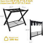 mocomax 1 Pack Folding Luggage Rack for Guest Room, Foldable Suitcase Stand Holder with Metal Storage Shelf for Bedroom, Living Room, Hotel Essentials, Heavy Duty Steel Frame, Black