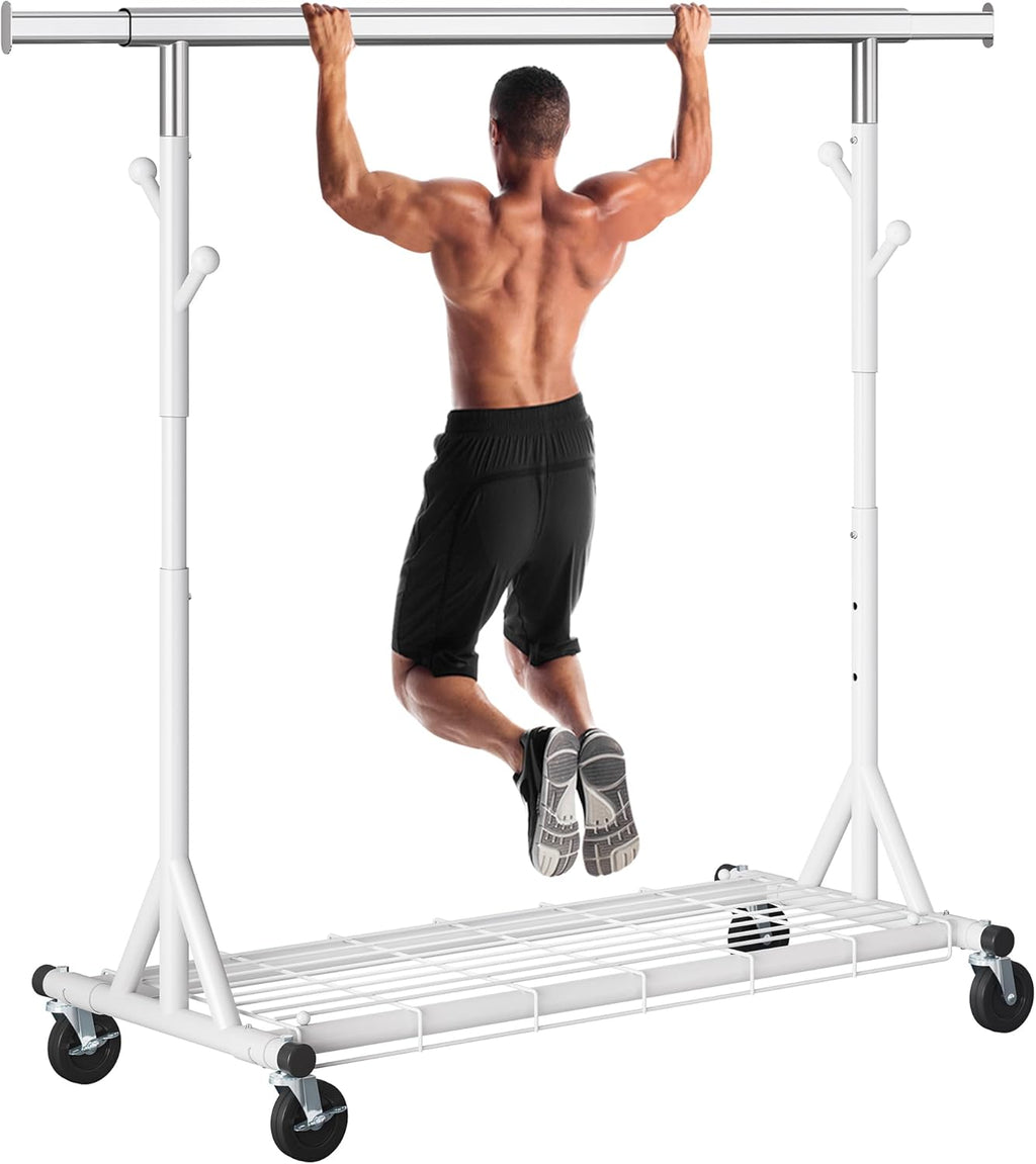 Heavy Duty Clothes Rack, 530 lbs Load Capacity Metal Garment Rack on Wheels - Collapsible Adjustable Portable Storage with Hooks, White