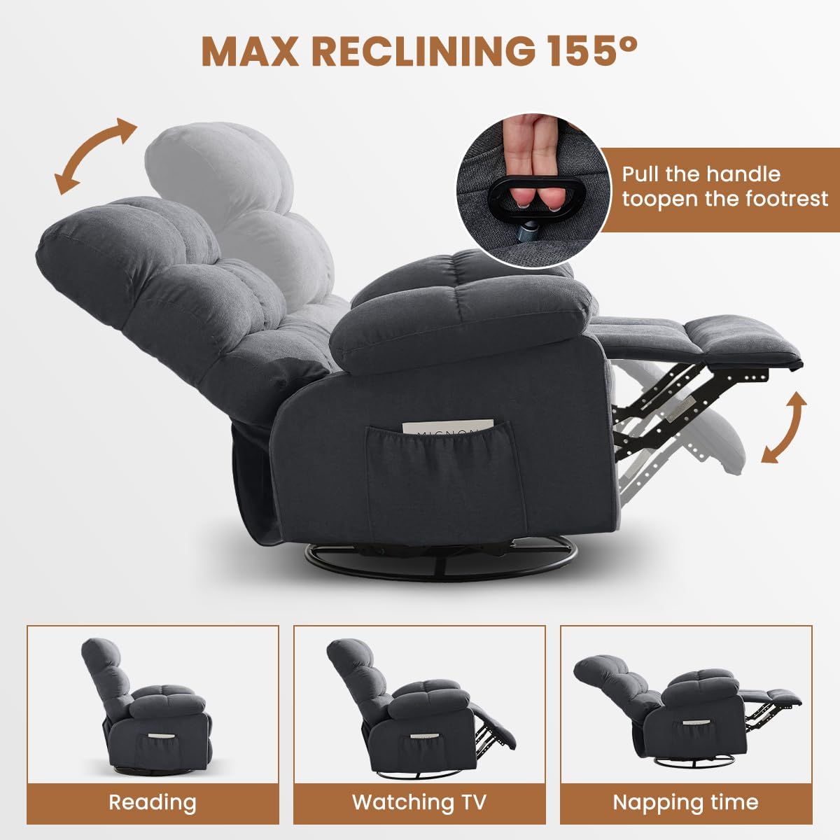 Swivel Rocker Recliner Chair for Adults, 360° Upholstered Manual Recliners for Small Spaces, Single Seat Glider Reclining Chair with Side Pockets, Ergonomic Reading Chair for Living Room, RV, Bedroom