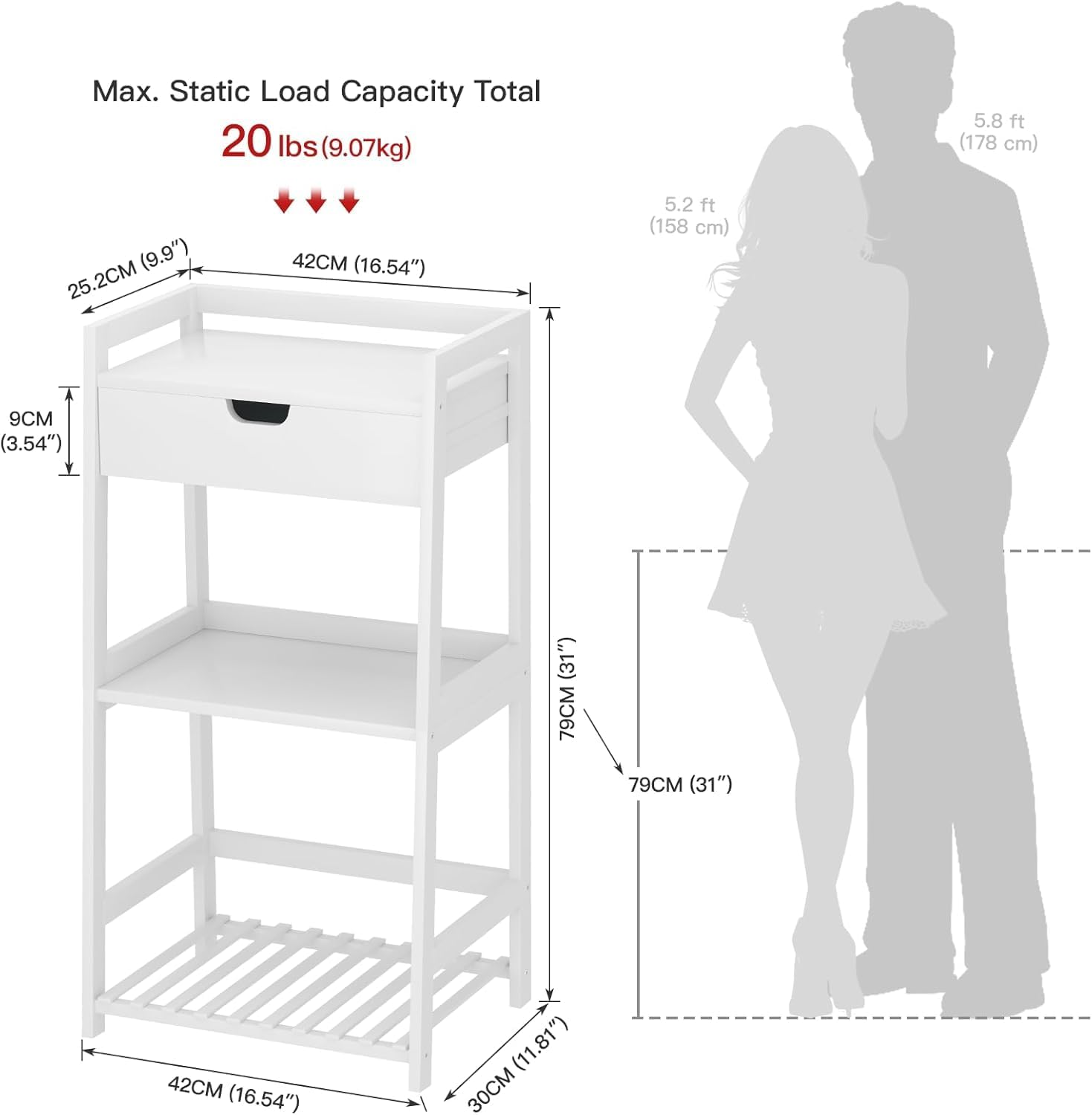 3 Tier Natural Bamboo Ladder Storage Shelf with Pull Out Drawer, Space Saving Freestanding Display Rack 11.8" D x 16.5" W x 31" H for Bathroom Bedroom Kitchen Office