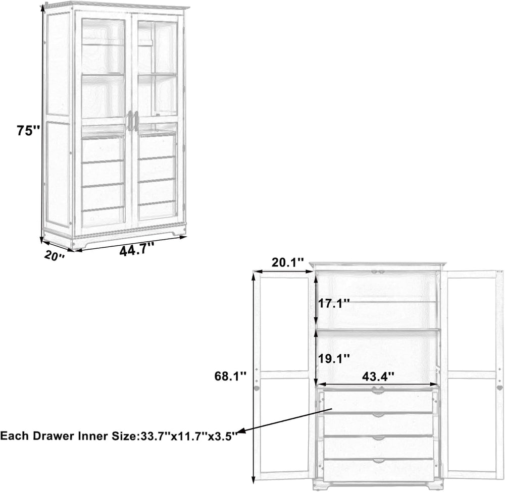 roomfitters 75" Kitchen Pantry, Freestanding Storage Cabinet Display Cab...