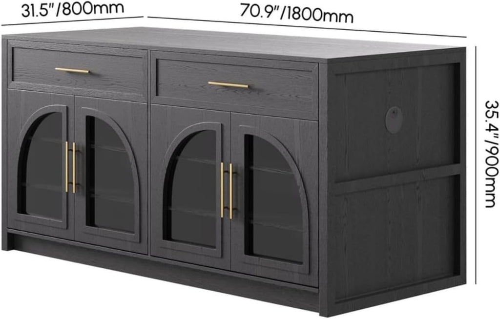 homary 71" Kitchen Island with LED Light Strip,Glass Doors, Modern Black Large Stationary Storage Islands with Adjustable Shelves and Drawers,Seats to 4 for Dining Room