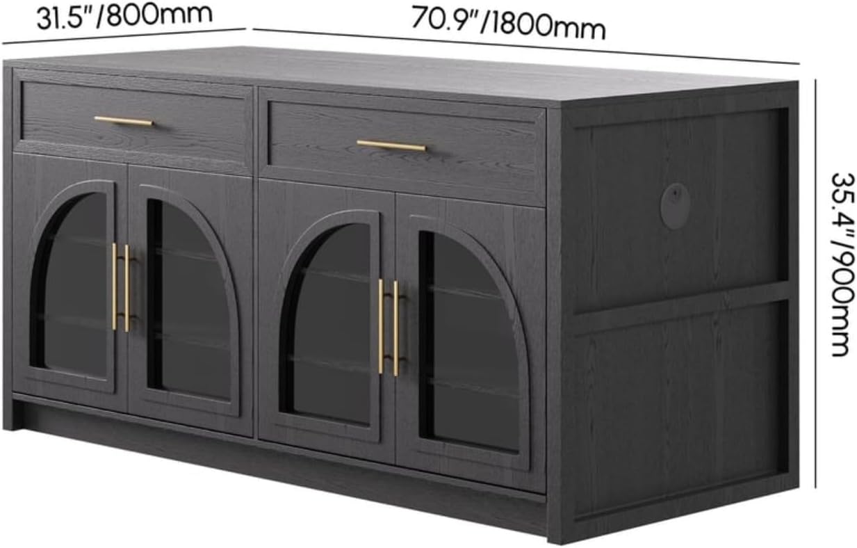 homary 71" Kitchen Island with LED Light Strip,Glass Doors, Modern Black Large Stationary Storage Islands with Adjustable Shelves and Drawers,Seats to 4 for Dining Room
