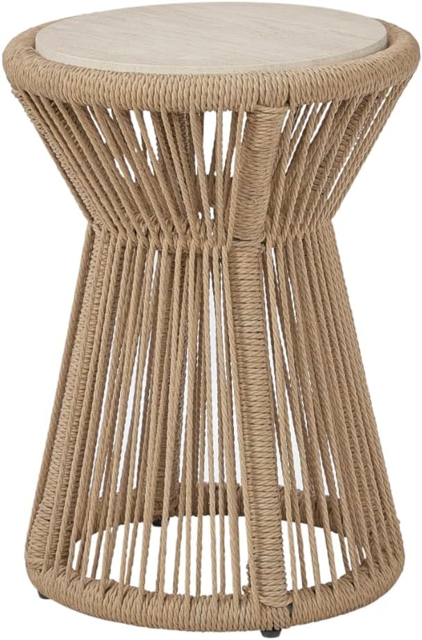 Penau Beige Rope Accent Side Table, Handwrapped Cylindrical Rope Design, Coas...