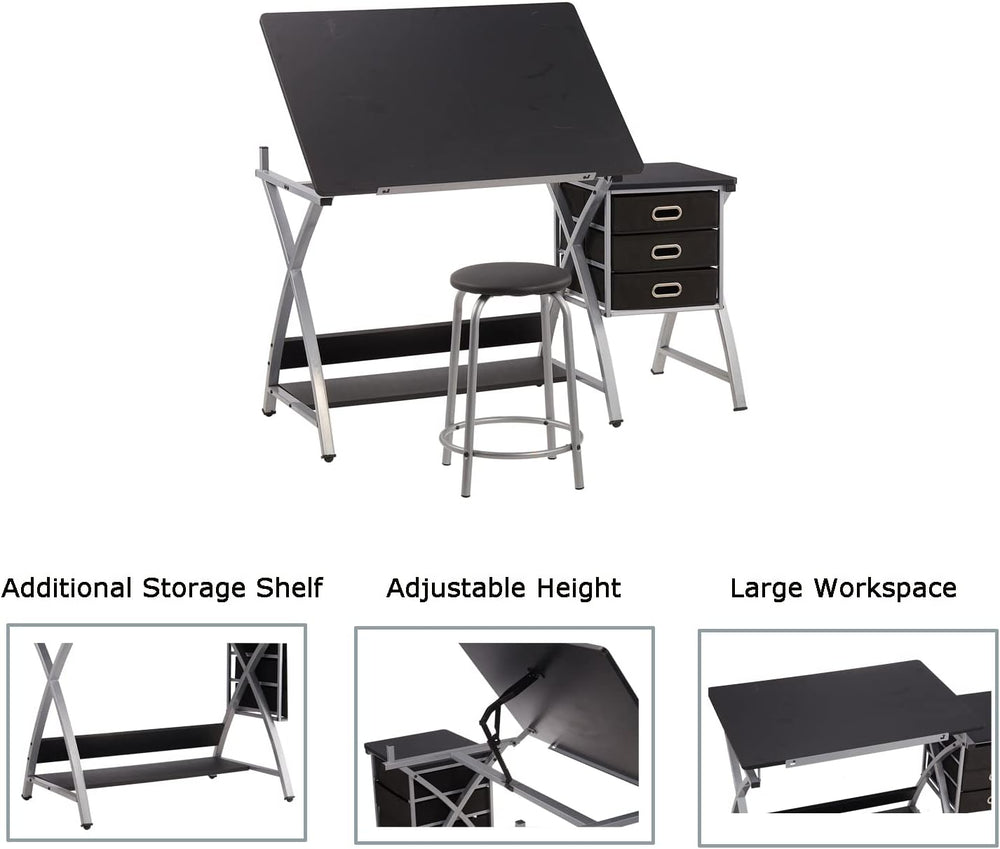 Adjustable Drafting Table for Artists with Stool, Sturdy X-Cross Metal Frame ...