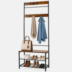 Hall Tree Coat Rack with Bench and Shoe Storage, 3-in-1 Entryway Organizer with Top Hook Rail, Wooden Seat and 2-Tier Shoe Rack, Freestanding Coat Rack for Hallway, Bedroom, and doorway