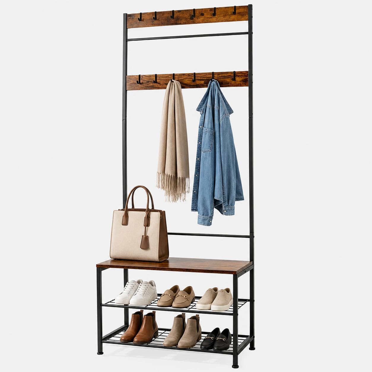 Hall Tree Coat Rack with Bench and Shoe Storage, 3-in-1 Entryway Organizer with Top Hook Rail, Wooden Seat and 2-Tier Shoe Rack, Freestanding Coat Rack for Hallway, Bedroom, and doorway