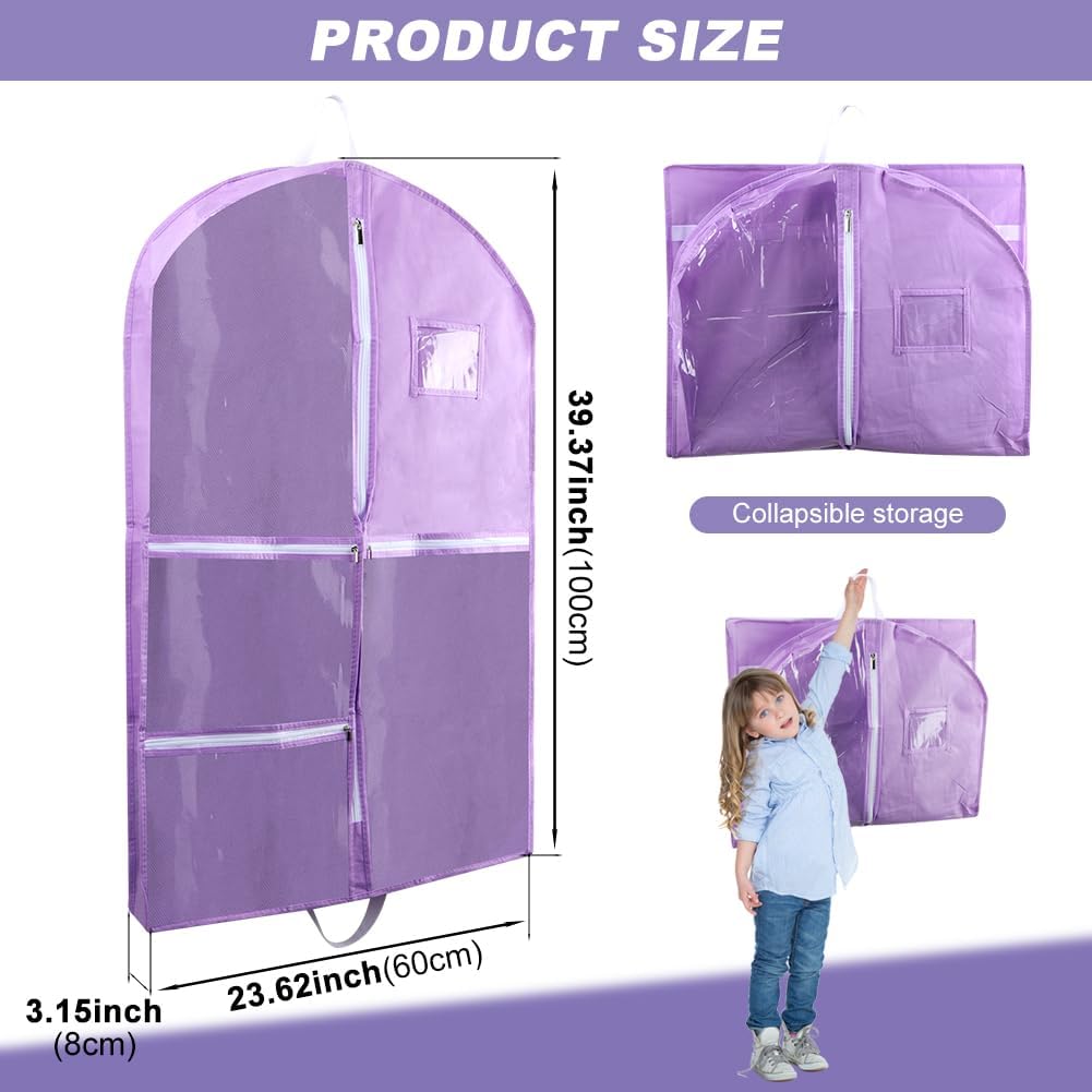 Hanging Dance Garment Bag, 40" Waterproof Hanging Garment Bag with 4 Pockets Kids Garmen-t Bags For Hangin-g Clothes for Dance Costumes,Sports,Theatre,Beauty Pageants(COLOR:Purple)
