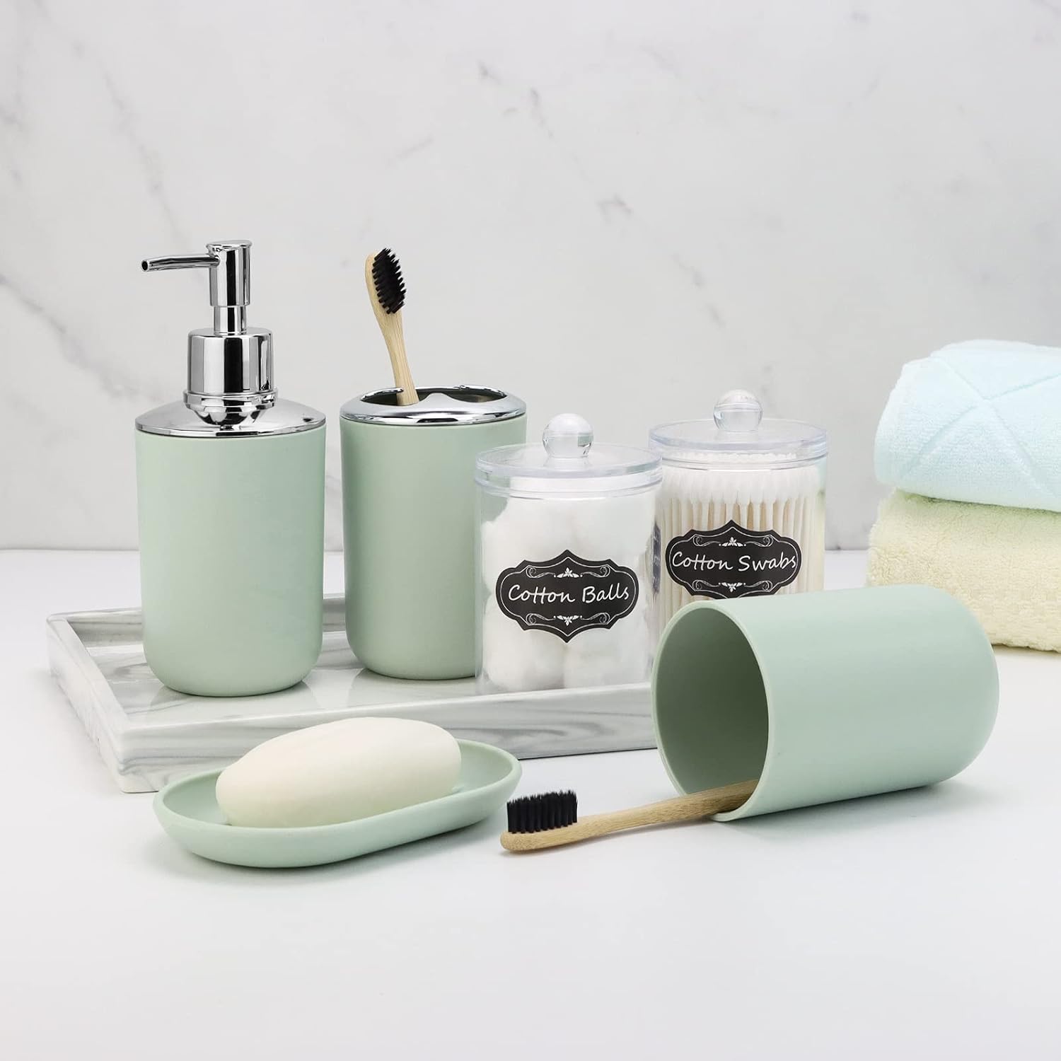 IMAVO Bathroom Accessories Set,Green Bathroom Set,9 Pieces Bathroom Accessory Set,Tray,Qtip Holders,Toilet Brush,Trash Can for Bathroom Décor and Home Gifts