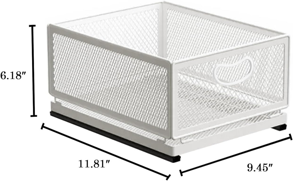 Sliding Cabinet Basket Organizer Drawer Self Adhesive Slide out Pantry Shelves Heavy Duty Carbon Steel Slide Cabinet Storage Basket with Handle for Bathroom Kitchen Home