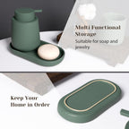 INGOFIN 3 Pcs Ceramic Bathroom Accessory Set - Liquid Soap Dispenser, Toothbrush Holder & Tray, Bathroom Counter Set, Countertop Essentials for Home, Guest Bathroom, or Office Use, Matte Green