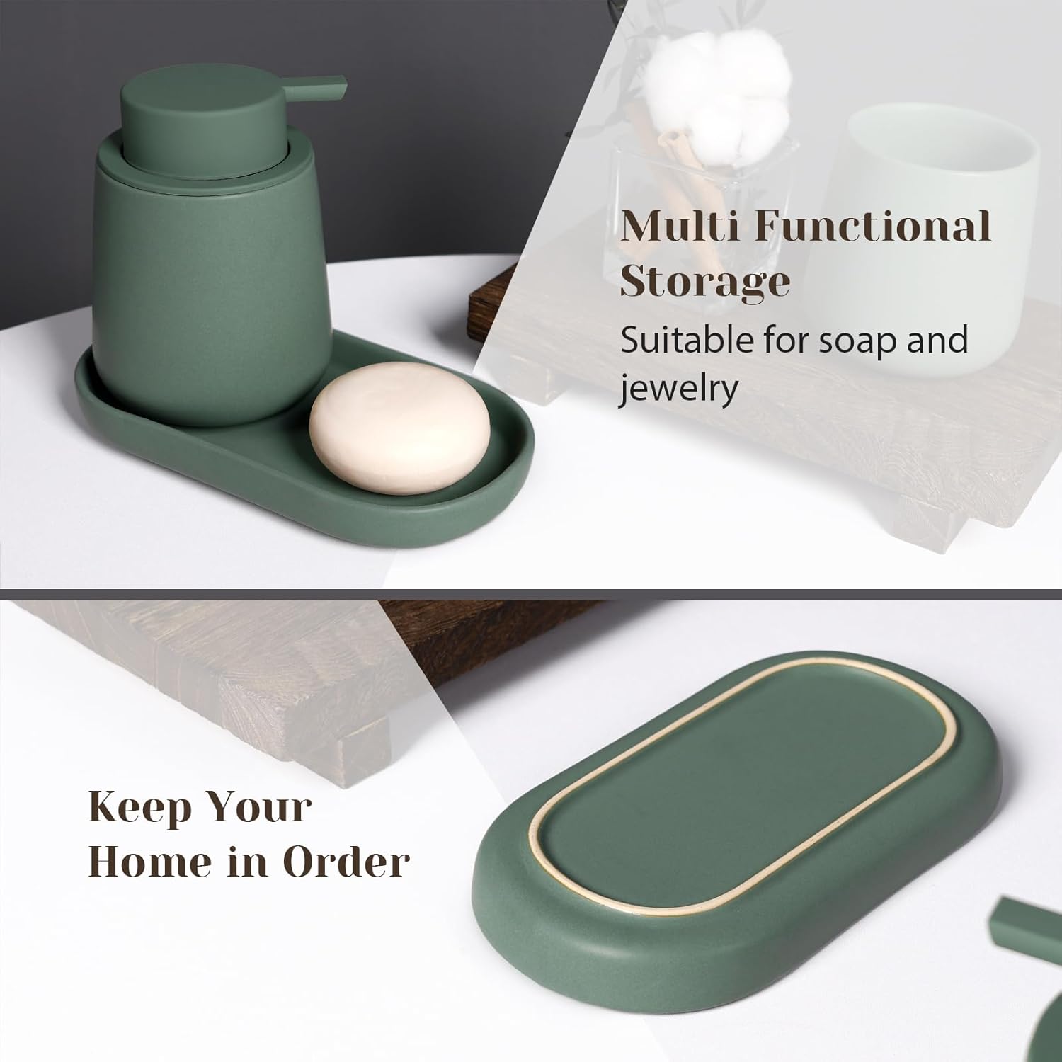 INGOFIN 3 Pcs Ceramic Bathroom Accessory Set - Liquid Soap Dispenser, Toothbrush Holder & Tray, Bathroom Counter Set, Countertop Essentials for Home, Guest Bathroom, or Office Use, Matte Green