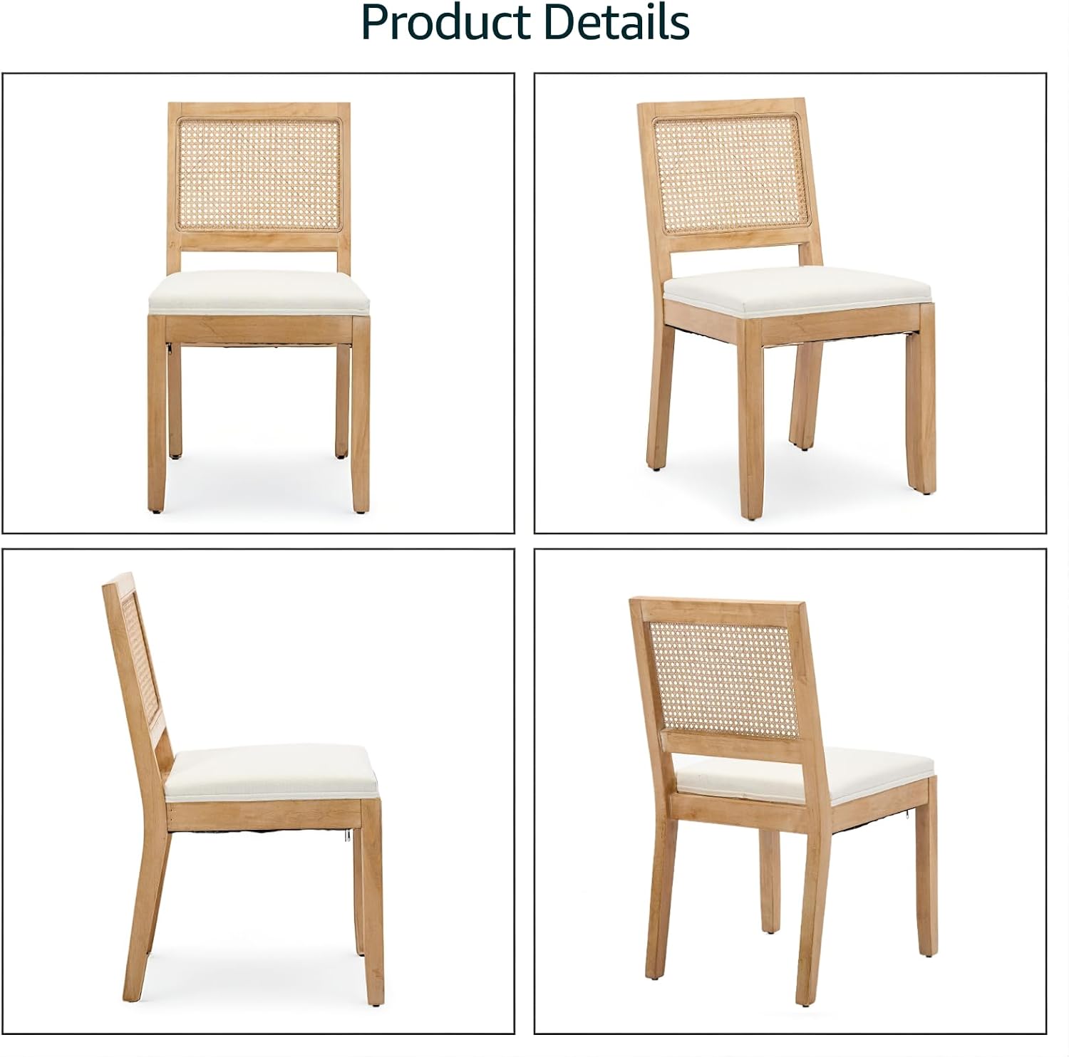 French Country Dining Chairs Set of 6, Beige Modern Kitchen & Dining Room Chairs, Rattan Dining Chair with Linen Upholstered Cushion, Low Cane Back, Wood Legs, Sillas de Comedor (Beige, 6 Pcs)