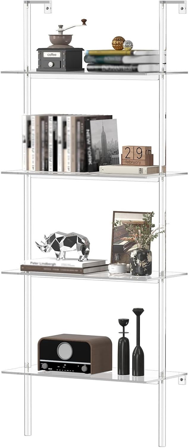 Acrylic Ladder Bookshelf, 4-Tier Clear Wall Mounted Bookshelf with Open Shelv...