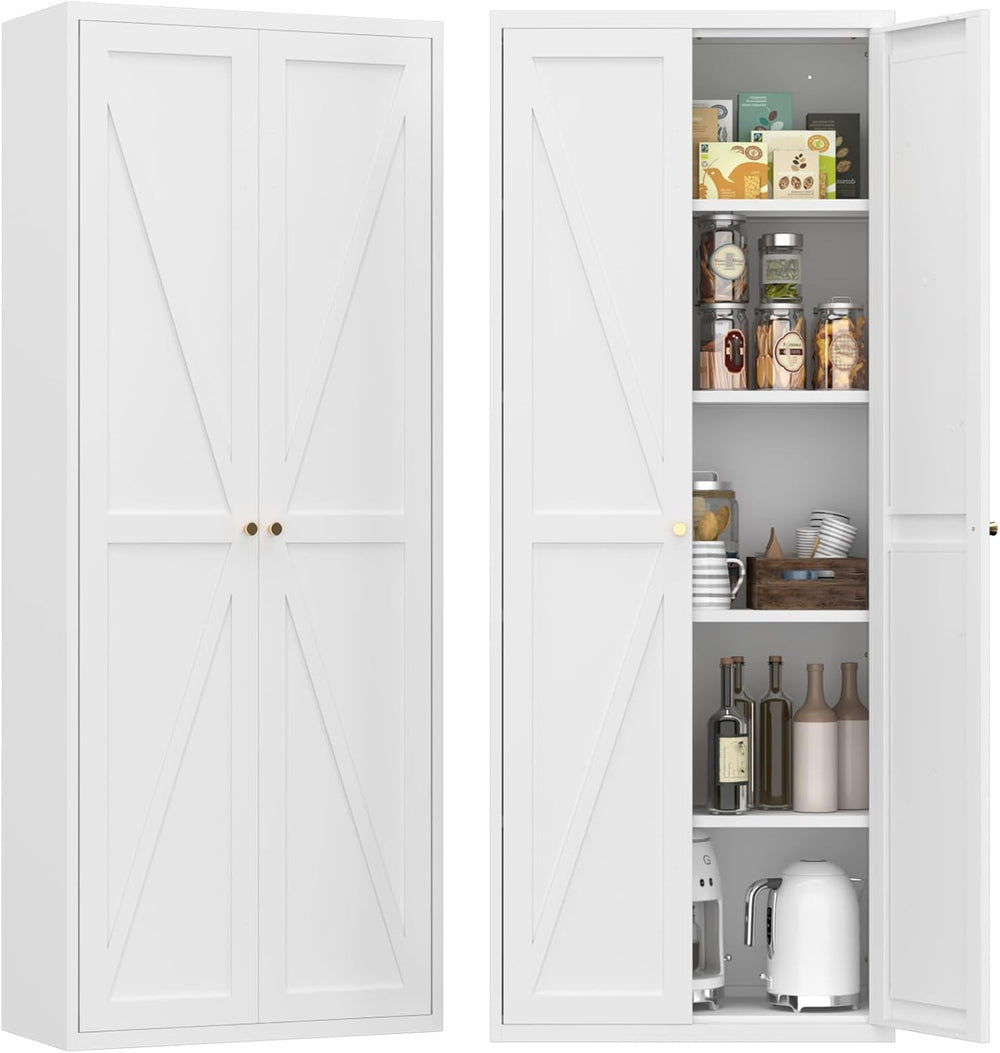 Kitchen Pantry Cabinet: Rustic White Steel Storage with Adjustable Shelves - ...