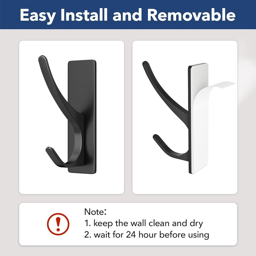 pickpiff Self Adhesive Coat Hooks for Hanging, Heavy Duty Stainless Double Wall Hook for Towel, Backpack, Hat, Sturdy Metal Hanger for Bathroom, Bedroom, Door, Wall Mounted, 10 Pack, Matt Black