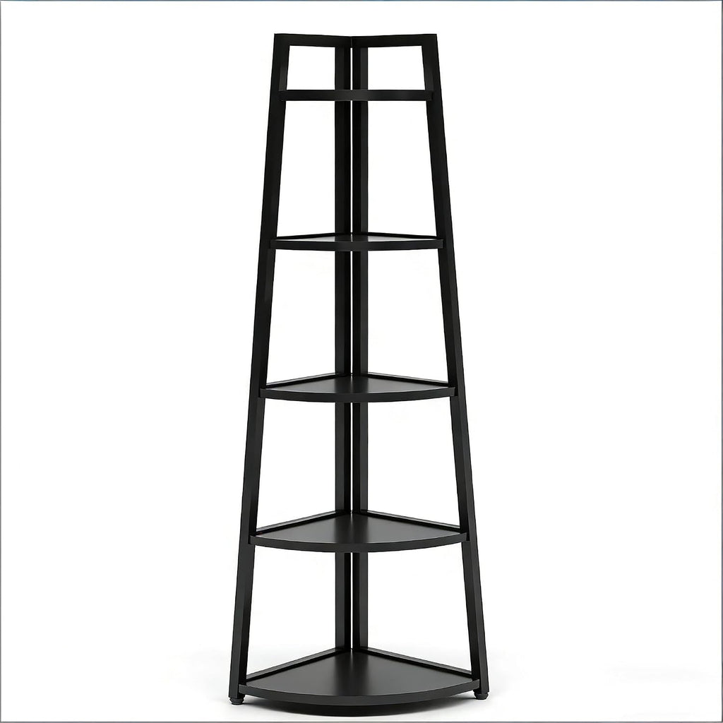 BIGTO Tall Ladder Display Shelf 16.55"*15"*69.3", Black Metal Corner 5-Tier Bookshelf Home Furniture