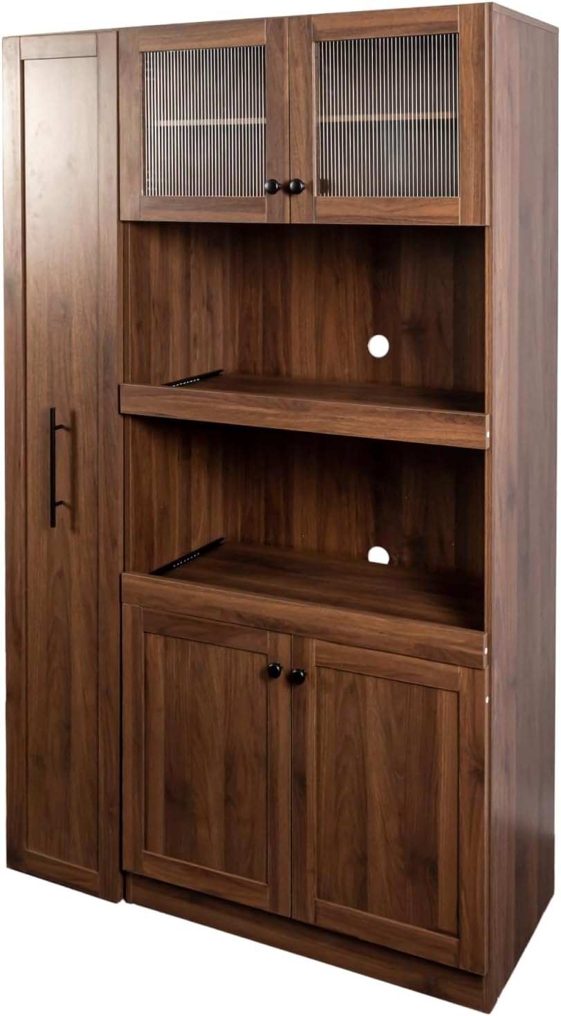 70.87" H Walnut Farmhouse Kitchen Pantry Cabinet, 4-Door Pull-Out Multi-...