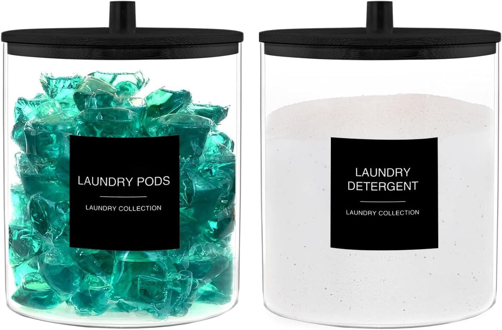 TIPGO Glass Jars for Laundry Room Organization, Laundry Pods Container with 27 Labels, Detergent Holder with Bamboo Lid, Cute Storage Jars, Black (Set of 2)