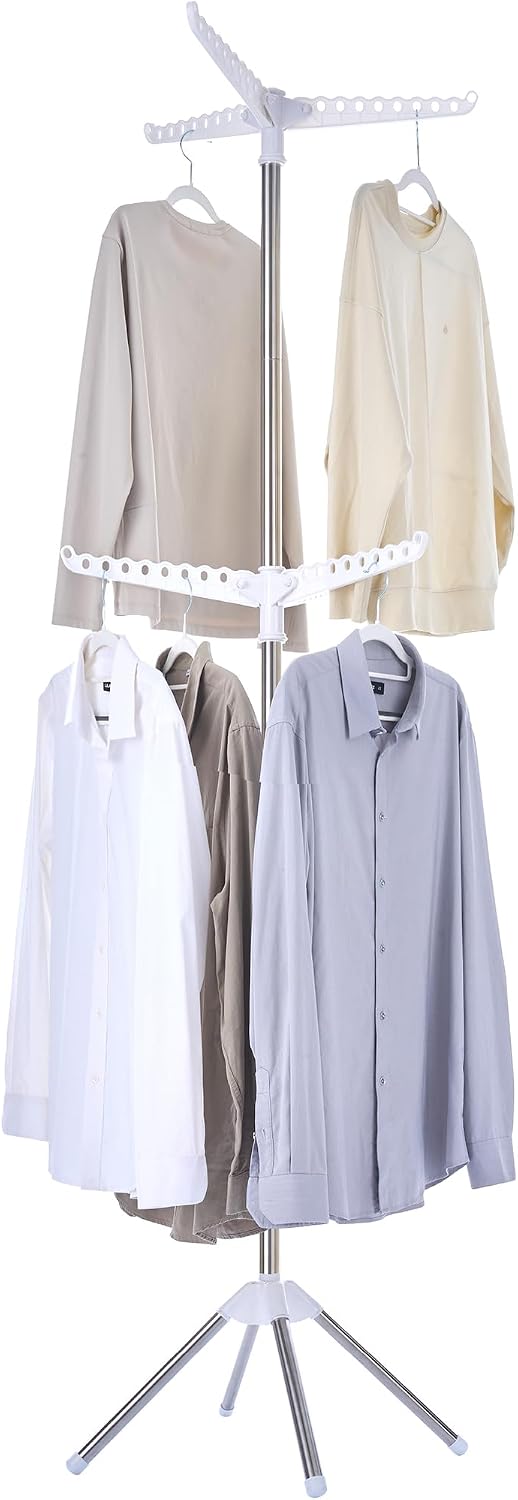 CASAMAYA Clothes Drying Rack Foldable, 74.8 inch 2 Tier Laundry Drying Rack with Rotating Clothes Rail for 54 Pieces of Clothes, Space Saving, Indoor, Stainless Steel, White and Silver CDR002W01