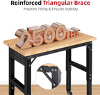 Work Bench with Wheels 48 x 20 Inch Heavy Duty Rubberwood Tabletop Garage Workbench Adjustable Height Work Table with Pegboard, Power Outlets for Woodworking Shop, Home, Office