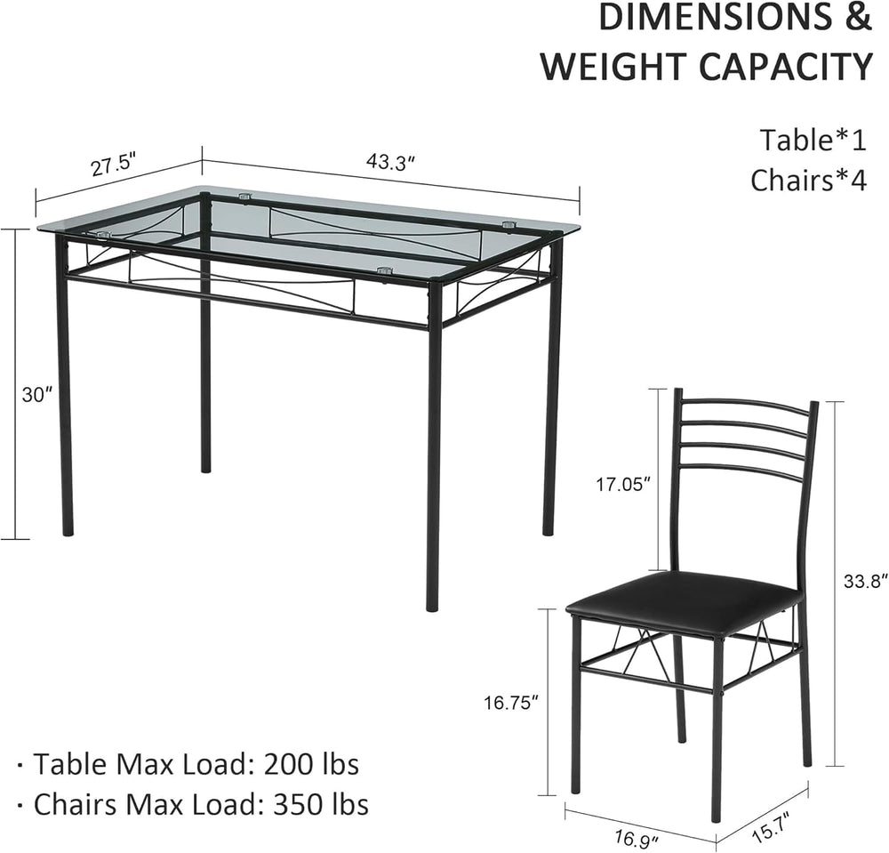 VECELO Dining Table Set for 4, 5-Piece Glass Kitchen Table with Upholstered P...