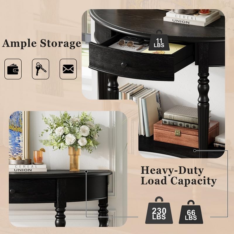 Polibi Half Moon Console Table, Entryway Table with Drawer & Shelf, Adjustable Feet, Rustic Vintage Design, Sofa Table for Entryway, Living Room, Hallway and Foyer, Black