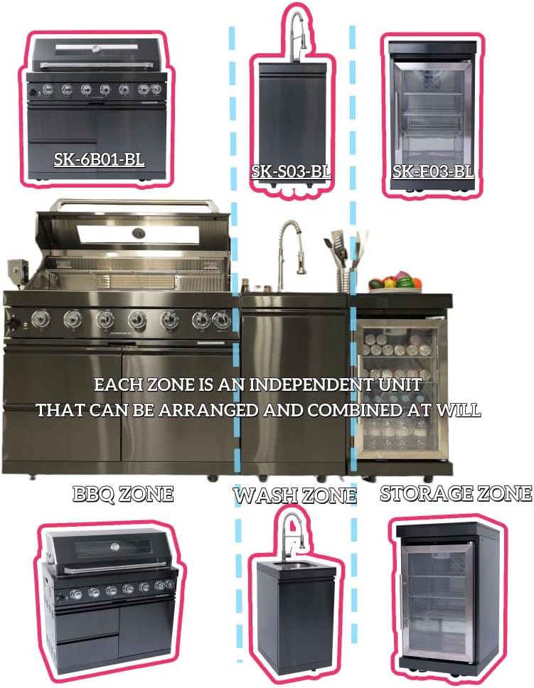 82 Inch 304 Stainless Steel Outdoor Integrated BBQ Kitchen Station (Black) | ...