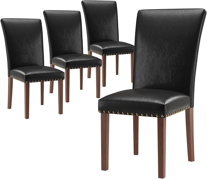 Stylish Dining Chairs Set of 4, Upholstered Parsons Dining Room Chair with Nailhead Trim, Kitchen Room Chair with Thick Cushions and Wood Legs, Nailhead Trim, Black Leather