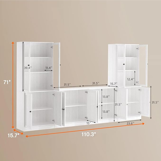 TUSY 71" TV Stand Storage Set - 2 Tall Bookcases & 2 Side Cabinets, Media Console with Glass & Wood Doors, Entertainment Center with Drawers, Tall Media Console for Living Room (White, ACCA)