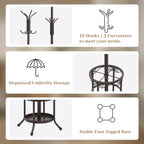 Coat Rack Freestanding With Umbrella Holder – Metal Hall Tree with 12 Hooks, Entryway Organizer for Hats, Bags, and Clothes (Brown)