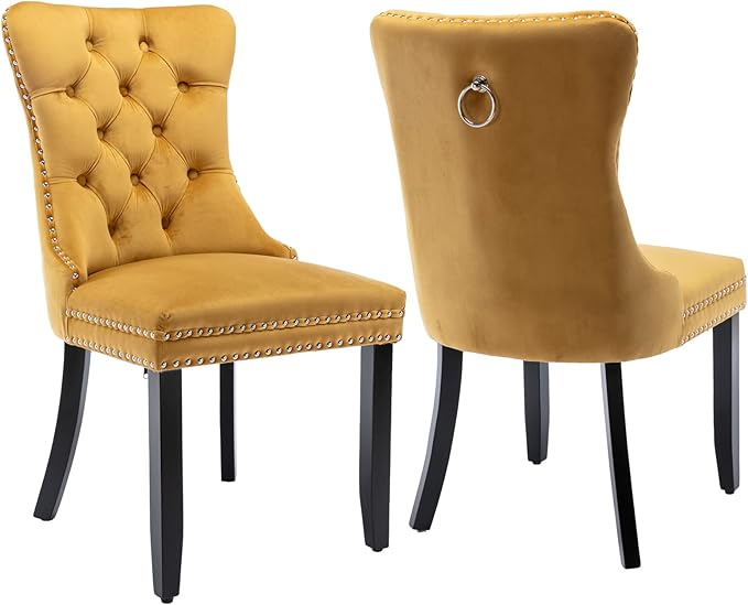 Velvet Dining Chairs Set of 2, Upholstered Dining Room Chairs with Back Ring Pull Trim and Solid Wood Legs,Tufted Wingback Kitchen Chair Perfect for Dining Room,Living Room,Kitchen(Gold)