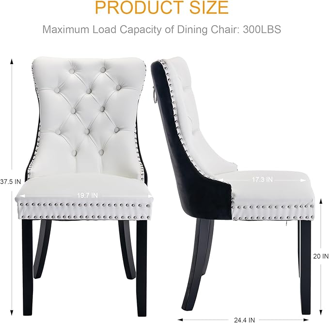 Dining Chairs Set of 2, Upholstered Tufted Dining Room Chairs with High Back, Nailhead Trim and Solid Wood Legs, Modern Dining Chair for Dining Room, White Pu Leather Splicing Black Velvet
