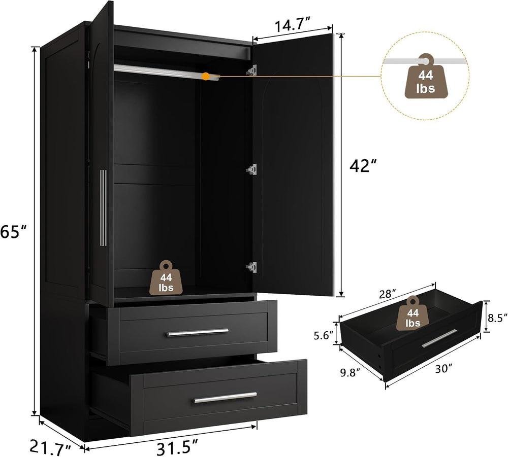 iPormis Wooden Armoire Wardrobe Closet with 2 Drawers, Clothing Storage Cabin...