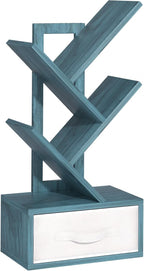 Small Book Shelf with Drawer,4 Tier Black Tree Bookshelf,Blue Desktop Bookcase,Modern Desk Display Storage Bookshelves,Floor Standing Organizer Bookcases for Living Room,Bedroom,Office