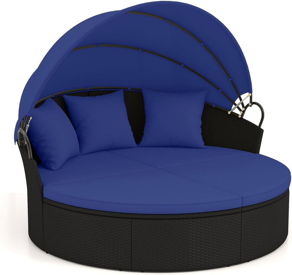 RELAX4LIFE Round Outdoor Daybed with Canopy - Wicker Sectional Sofa Sunbed w/...